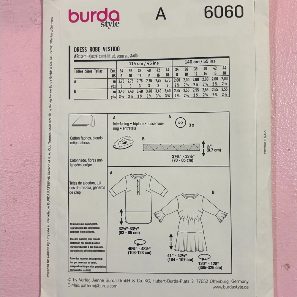BN UNCUT BURDA 6060 SEWING PATTERN